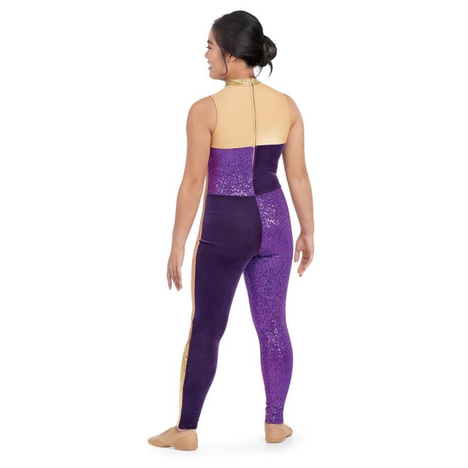 Custom sleeveless legging color guard unitard. Tan upper back, right lower back and left leg velvet purple. Lower left back and right leg purple sequin. Back view on model