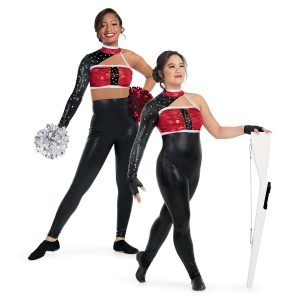 Two options of black and red uniform. One with tan stripe around waist and one without. 1. Custom legging color guard unitard. Left sleeveless arm. Right arm long sleeve black with rhinestones. White and red stripe on neck. Chest red with black rhinestone stripe down middle trimmed in white. Triangle cutout upper chest. Tan thick stripe around waist. Pants solid black. Front view on model holding silver and red poms. 2. Custom legging color guard unitard. Left sleeveless arm. Right arm long sleeve black with rhinestones. White and red stripe on neck. Chest red with black rhinestone stripe down middle trimmed in white. Triangle cutout upper chest. Pants solid black. Front view on model holding rifle wearing black fingerless gloves
