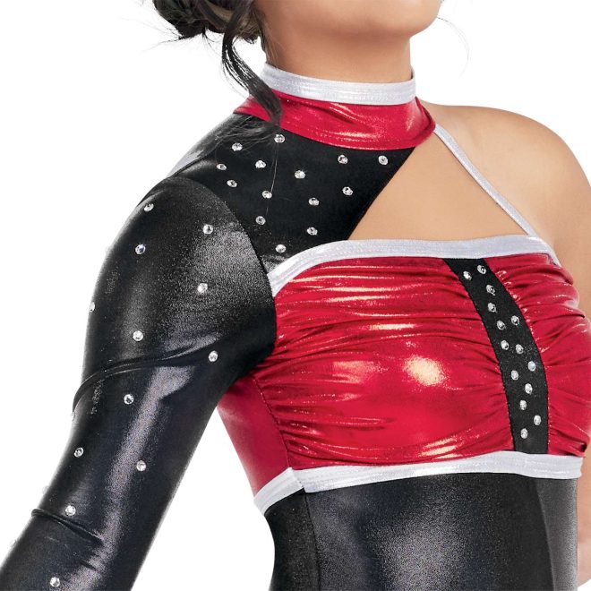 Custom legging color guard unitard. Left sleeveless arm. Right arm long sleeve black with rhinestones. White and red stripe on neck. Chest red with black rhinestone stripe down middle trimmed in white. Triangle cutout upper chest. Pants solid black. Front view on model