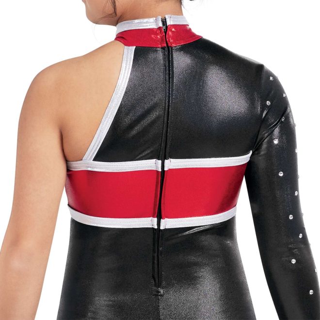 Custom legging color guard unitard. Left sleeveless arm. Right arm long sleeve black with rhinestones. White and red stripe on neck. Black back with red thick stripe on lower back. All colors separated by thin white stripe. Pants solid black. Back view on model