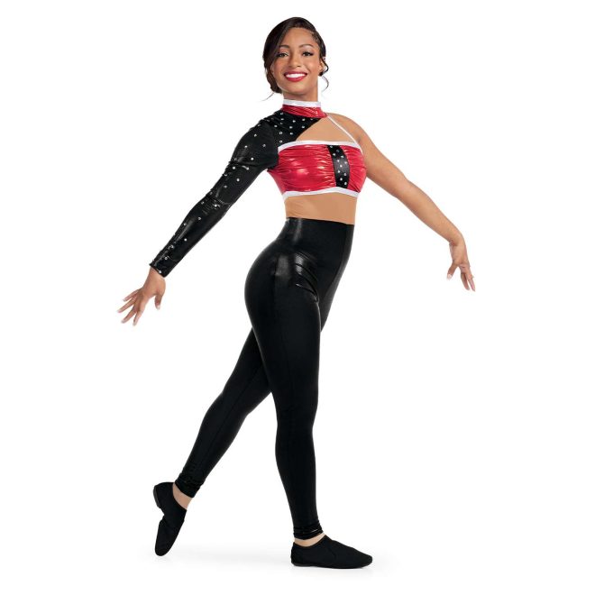 Custom legging color guard unitard. Left sleeveless arm. Right arm long sleeve black with rhinestones. White and red stripe on neck. Chest red with black rhinestone stripe down middle trimmed in white. Triangle cutout upper chest. Tan thick stripe around waist. Pants solid black. Front view on model