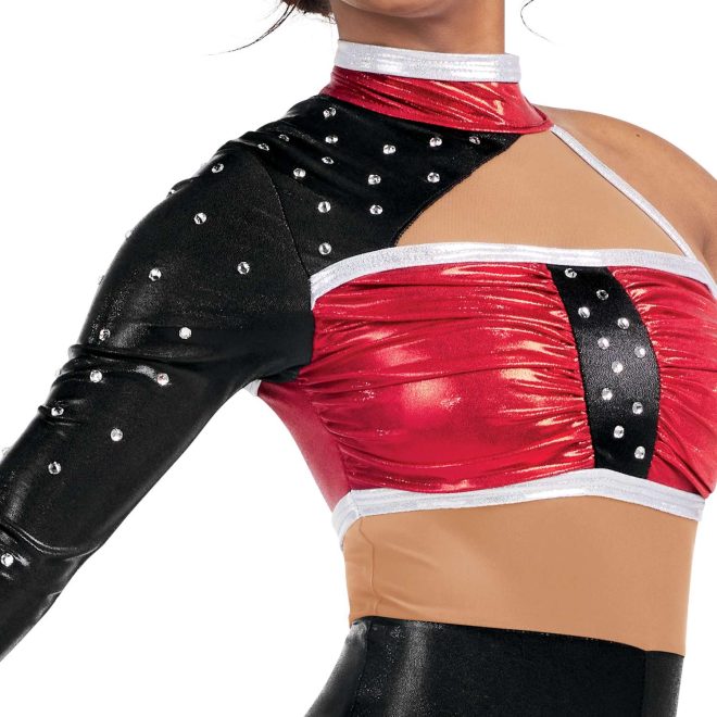 Custom legging color guard unitard. Left sleeveless arm. Right arm long sleeve black with rhinestones. White and red stripe on neck. Chest red with black rhinestone stripe down middle trimmed in white. Triangle cutout upper chest. Tan thick stripe around waist. Pants solid black. Front view on model