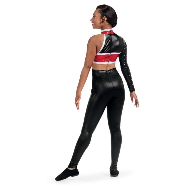 Custom legging color guard unitard. Left sleeveless arm. Right arm long sleeve black with rhinestones. White and red stripe on neck. Black back with red thick stripe on lower back and tan stripe around waist. All colors separated by thin white stripe. Pants solid black. Back view on model