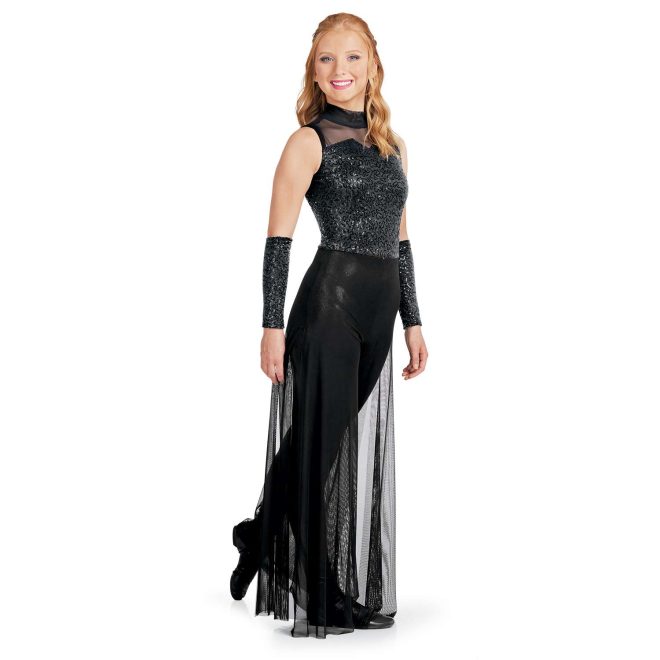 Custom sleeveless legging color guard unitard. Mesh black neck. Black sequin chest and back with black with mesh pants over. Front view on model with sequin black gauntlets