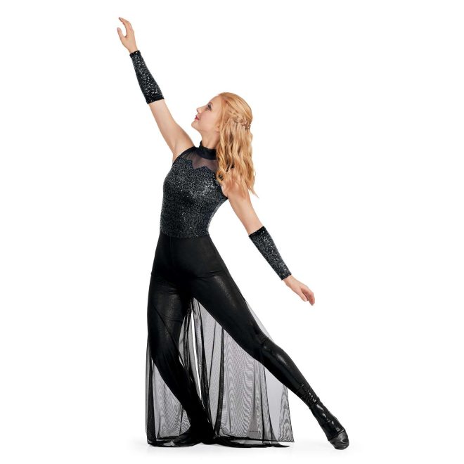 Custom sleeveless legging color guard unitard. Mesh black neck. Black sequin chest and back with black with mesh pants over. Front view on model with sequin black gauntlets