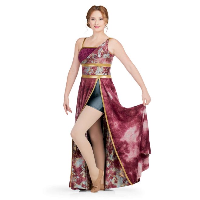 Custom sleeveless color guard dress with built in boy shorts. Dress white and maroon marble. Left strap marble sash down to middle right chest. Right strap gold with maroon sequin chest section under. Two small stripes of gold around waist and gold trim on chest and down skirt slit. Front view on model showing built in grey shorts