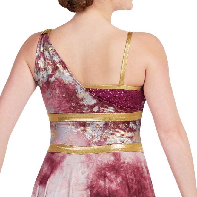 Custom sleeveless color guard dress with built in boy shorts. Dress white and maroon marble. Left strap marble sash down to middle right back. Right strap gold with maroon sequin section under. Two small stripes of gold around waist and gold trim. Back view on model