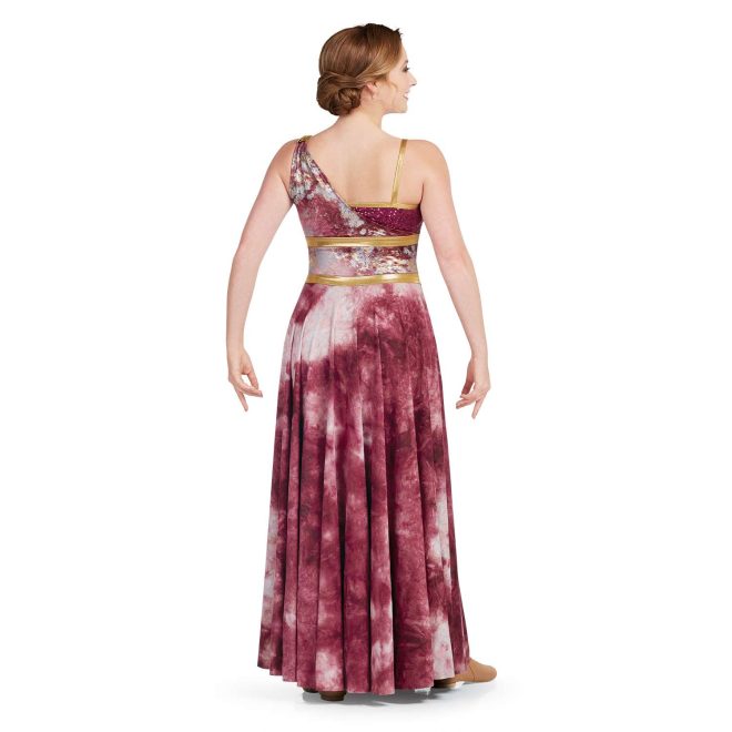 Custom sleeveless color guard dress with built in boy shorts. Dress white and maroon marble. Left strap marble sash down to middle right back. Right strap gold with maroon sequin section under. Two small stripes of gold around waist and gold trim. Back view on model