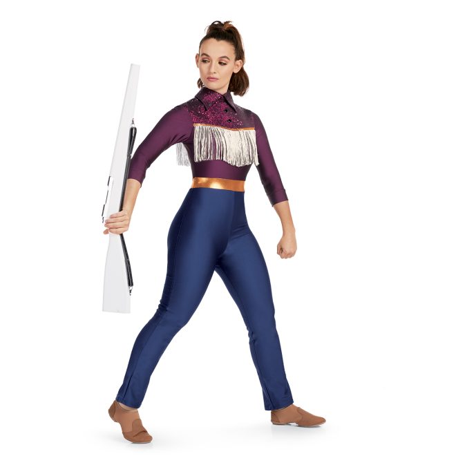 Custom color guard unitard. Maroon top with sequin maroon, gold trim and white fringe, and navy pants front view holding rifle