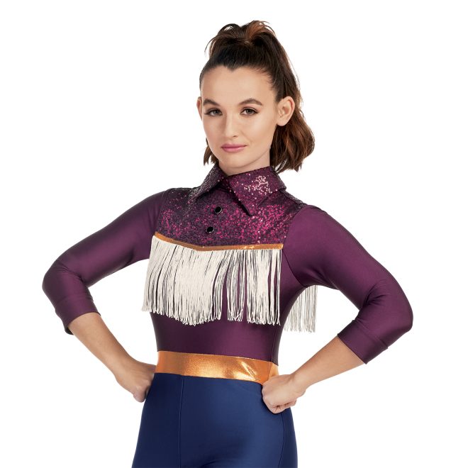Custom color guard unitard. Maroon top with sequin maroon, gold trim and white fringe, and navy pants front view