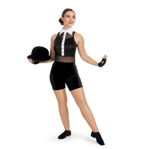Custom sleeveless color guard biketard. Sequing black top, mesh waist, and black shorts with white collar and line down to waist. Front view with black gloves and hat
