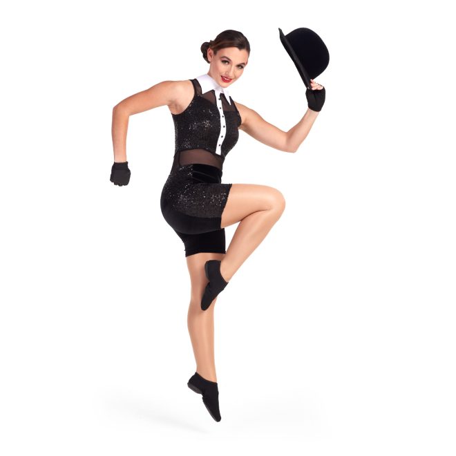 Custom sleeveless color guard biketard. Sequing black top, mesh waist, and black shorts with white collar and line down to waist. Side view with black gloves and hat