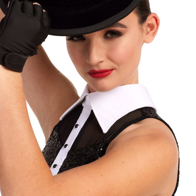Custom sleeveless color guard biketard. Sequing black top, mesh waist, and black shorts with white collar. Close up front view view with black gloves and hat