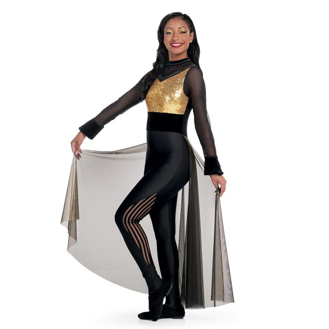 Custom color guard skirted unitard. Black and sequin gold top with mesh long sleeves. Black leggings with mesh cutouts on sides. Gold mesh floor length skirt around back. Front view