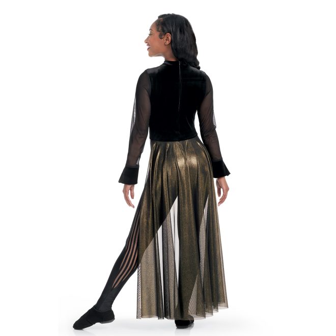Custom color guard skirted unitard. Black top with mesh long sleeves. Black leggings with mesh cutouts on sides. Gold mesh floor length skirt around back. Back view