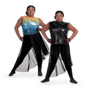 custom color guard skirted unitard with and without black sequin sleeveless jacket. Custom color guard skirted unitard. Rainbow ombre sleeveless top with black leggings with black mesh skirt over. Front view with black sequin sleeveless jacket over and without
