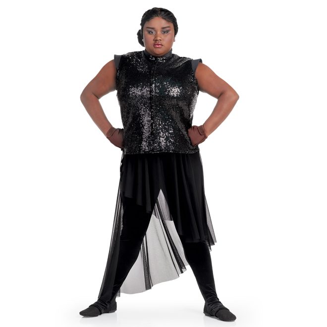 Custom color guard skirted unitard. Rainbow ombre sleeveless top with black leggings with black mesh skirt over. Front view with black sequin sleeveless jacket over fully zipped