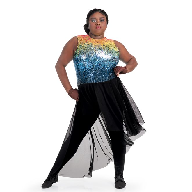 Custom color guard skirted unitard. Rainbow ombre sleeveless top with black leggings with black mesh skirt over. Front view