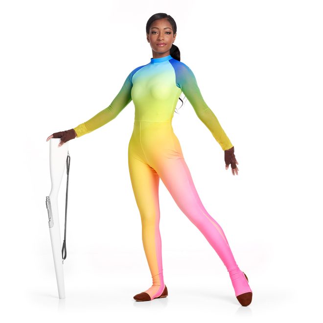 Custom rainbow printed color guard unitard, three-quarters view