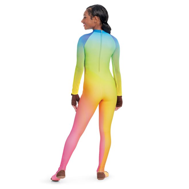 Custom rainbow printed color guard unitard. Back view