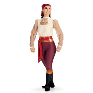 Custom color guard unitard with maroon pants, black calves with copper stripe above. Copper and red sparkly waist. Cream shirt with puffy long sleeves. Front view on model with red head wrap