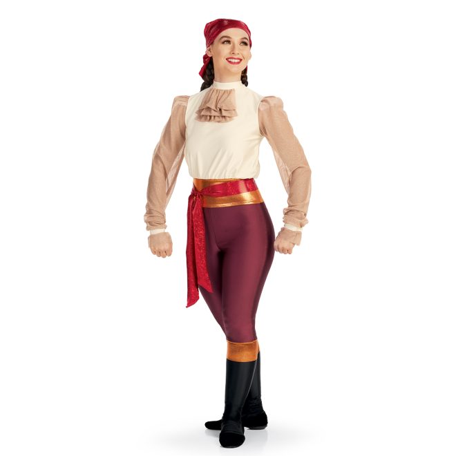 Custom color guard unitard with maroon pants, black calves with copper stripe above. Copper and red sparkly waist. Cream shirt with puffy long sleeves. Front view on model with red head wrap
