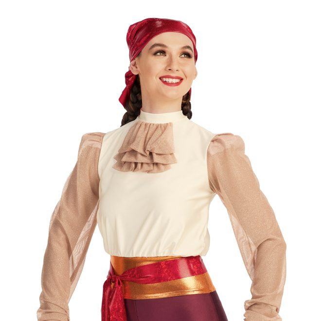 Custom color guard unitard with maroon pants, black calves with copper stripe above. Copper and red sparkly waist. Cream shirt with puffy long sleeves. Front view on model with red head wrap