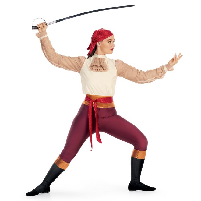 Custom color guard unitard with maroon pants, black calves with copper stripe above. Copper and red sparkly waist. Cream shirt with puffy long sleeves. Front view on model with red head wrap and holding sabre