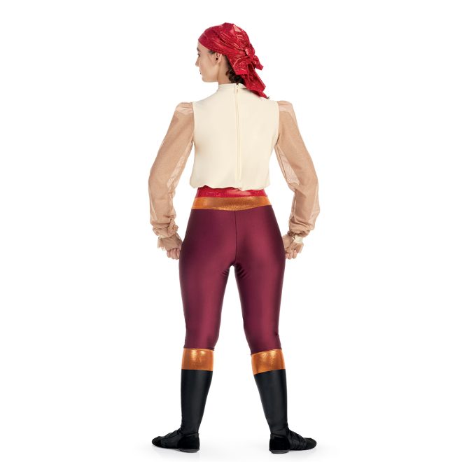 Custom color guard unitard with maroon pants, black calves with copper stripe above. Copper and red sparkly waist. Cream shirt with puffy long sleeves. Back view on model with red head wrap
