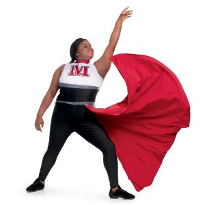 Custom color guard skirted unitard with white chest, red neck, and black stomach and pants with stripes of silver. Red floor length skirt on left side. Front view