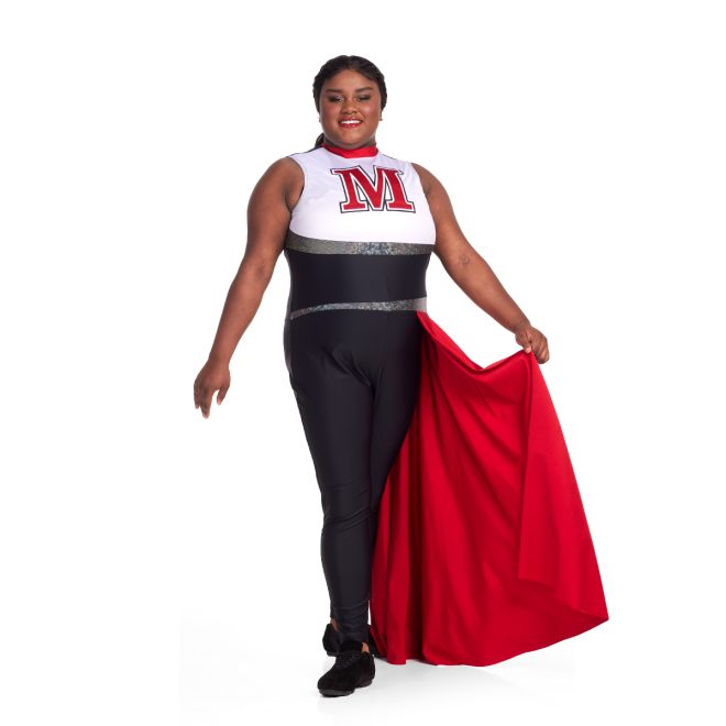Custom color guard skirted unitard with white chest, red neck, and black stomach and pants with stripes of silver. Red floor length skirt on left side. Front view