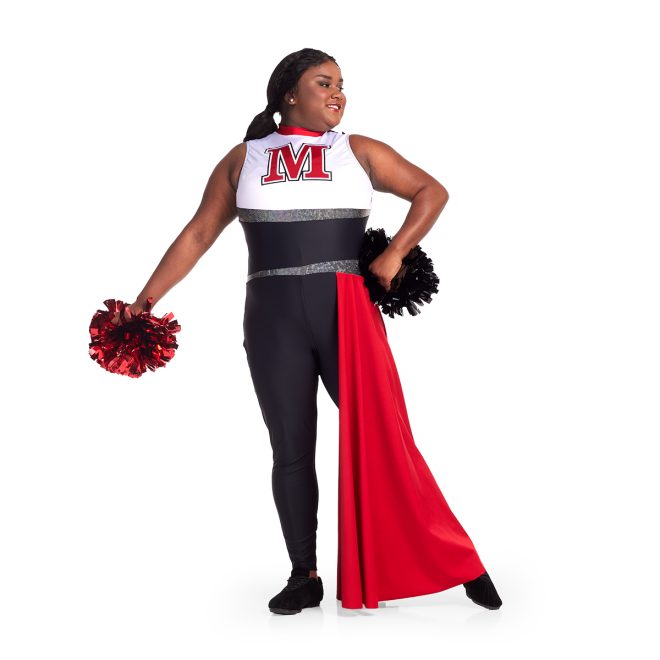 Custom color guard skirted unitard with white chest, red neck, and black stomach and pants with stripes of silver. Red floor length skirt on left side. Front view