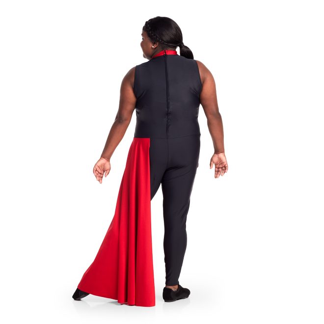 Custom color guard skirted unitard with white chest, red neck, and black stomach and pants with stripes of silver. Red floor length skirt on left side. Back view