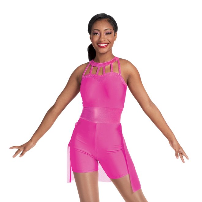 Custom pink sleeveless color guard skirted biketard front view with neck cutouts