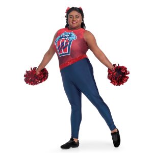 Custom sleeveless color guard dance unitard. Red with square pattern top and red, blue and white logo with sequin red diagonal waist with navy pants front view with sequin red bow holding red poms