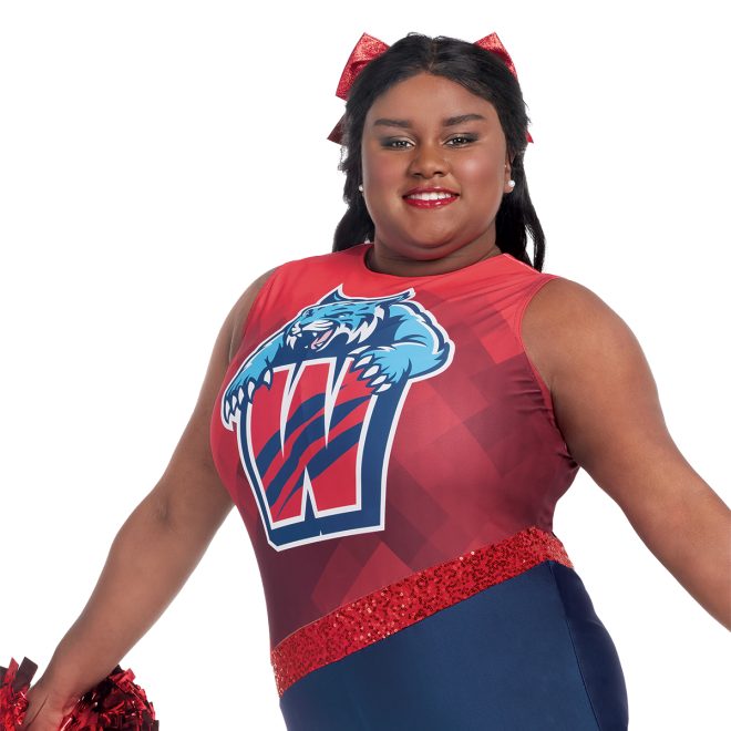 Custom sleeveless color guard dance unitard. Red with square pattern top and red, blue and white logo with sequin red diagonal waist with navy pants front view with sequin red bow