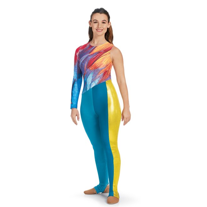 Custom one sleeve color guard unitard. Feather orange, red, purple and blue body with teal pants with yellow stripe down left leg. Front view