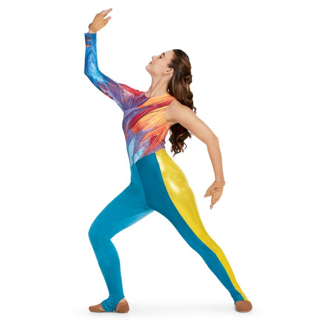 Custom one sleeve color guard unitard. Feather orange, red, purple and blue body with teal pants with yellow stripe down left leg. Front view