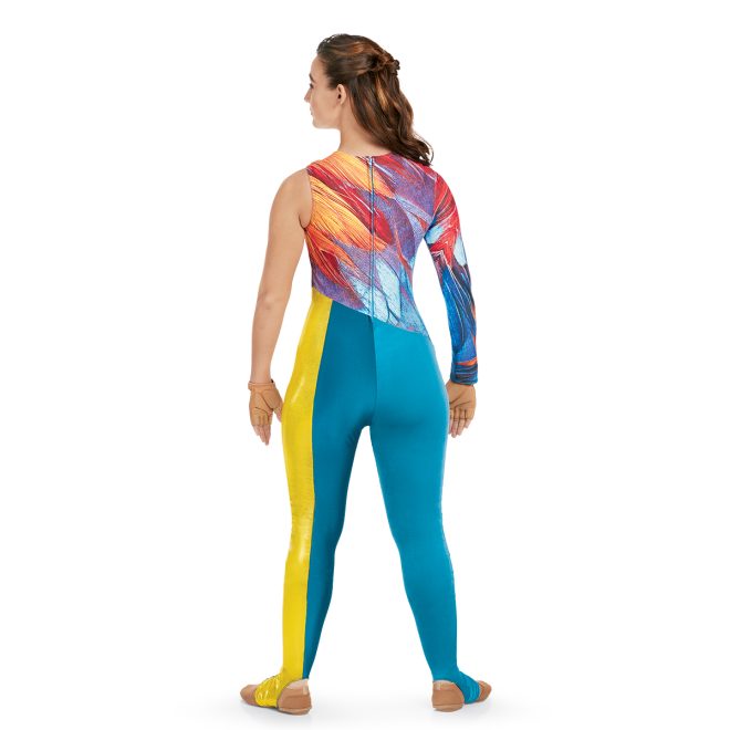Custom one sleeve color guard unitard. Feather orange, red, purple and blue body with teal pants with yellow stripe down left leg. Back view