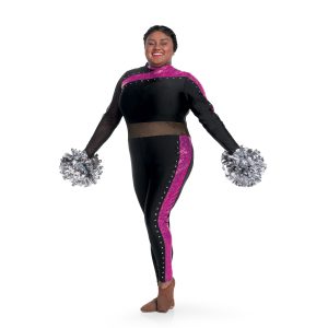 Custom black with sequin hot pink details and mesh waist color guard uniform. Front view holding silver poms