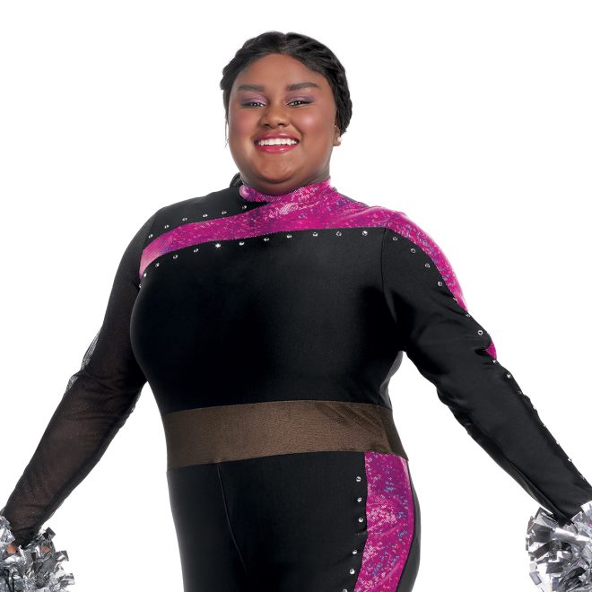 Custom black with sequin hot pink details and mesh waist color guard uniform. Front view holding silver poms