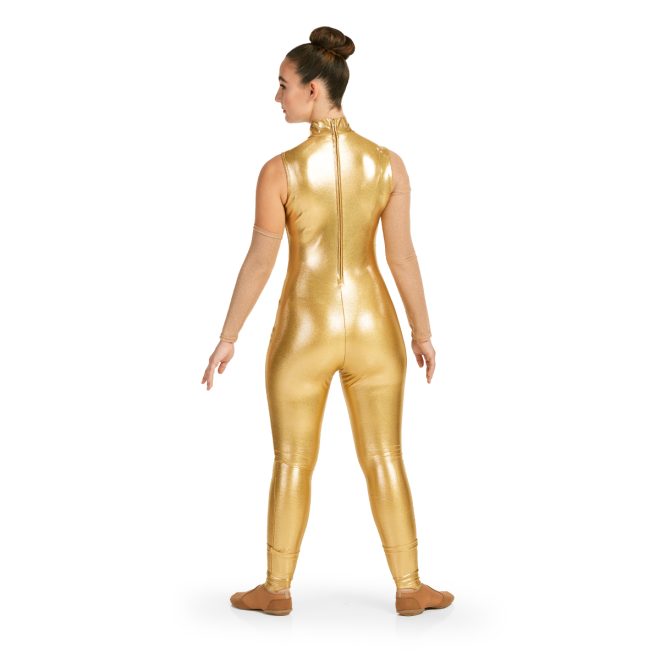 Custom metallic gold with one gold mesh sleeve color guard uniform with gold mesh gauntlet on left arm back view