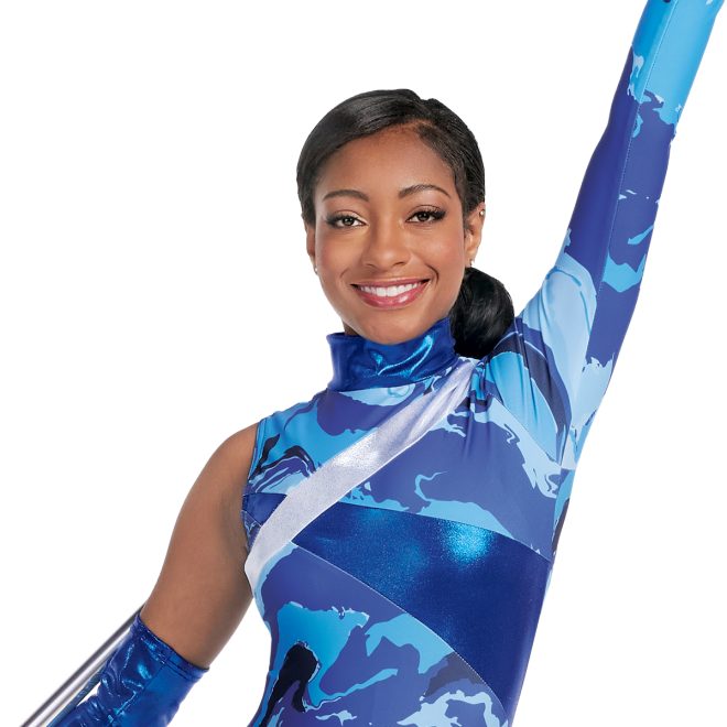 Custom blue camo one sleeve color guard uniform front veiw with metallic blue gauntlet