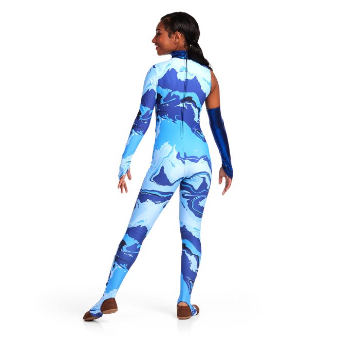 Custom blue camo one sleeve color guard uniform back view with metallic blue gauntlet
