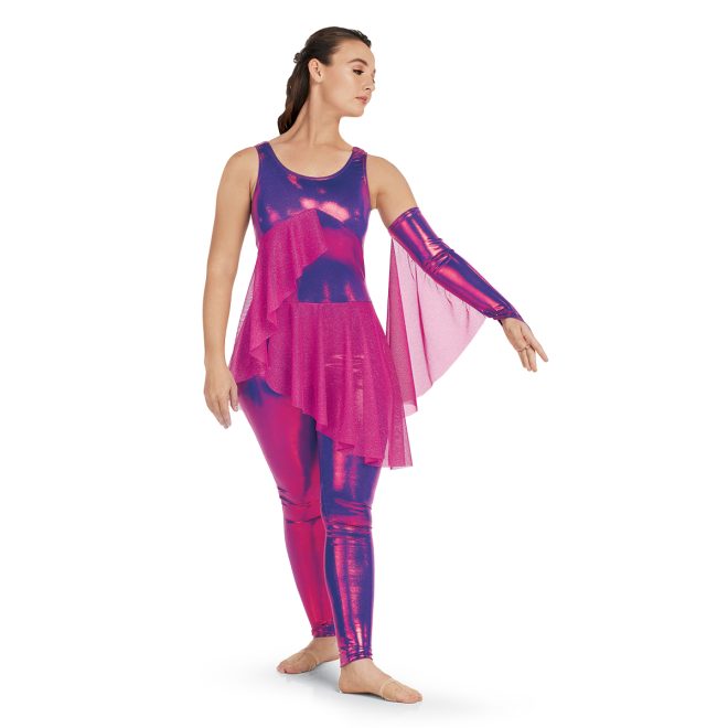 Custom sleeveless color guard unitard. Purple metallic with pink mesh skirt. Front view with matching gauntlet on left arm