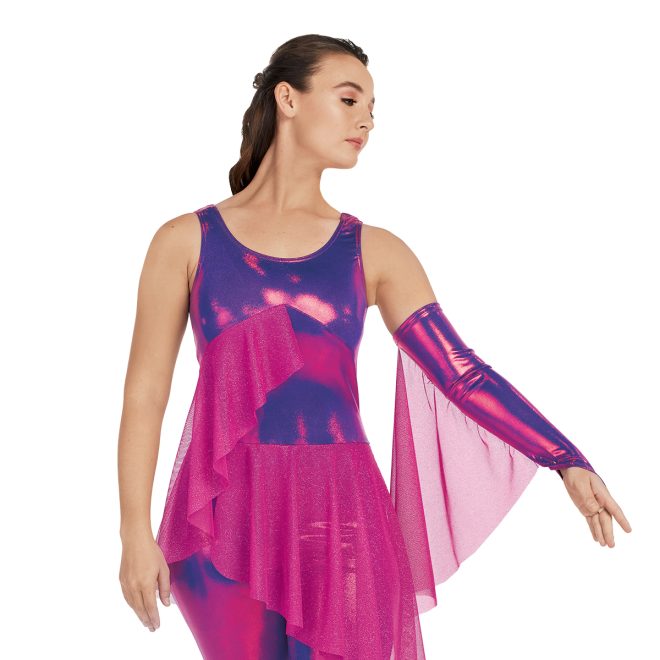 Custom sleeveless color guard unitard. Purple metallic with pink mesh skirt. Front view with matching gauntlet on left arm