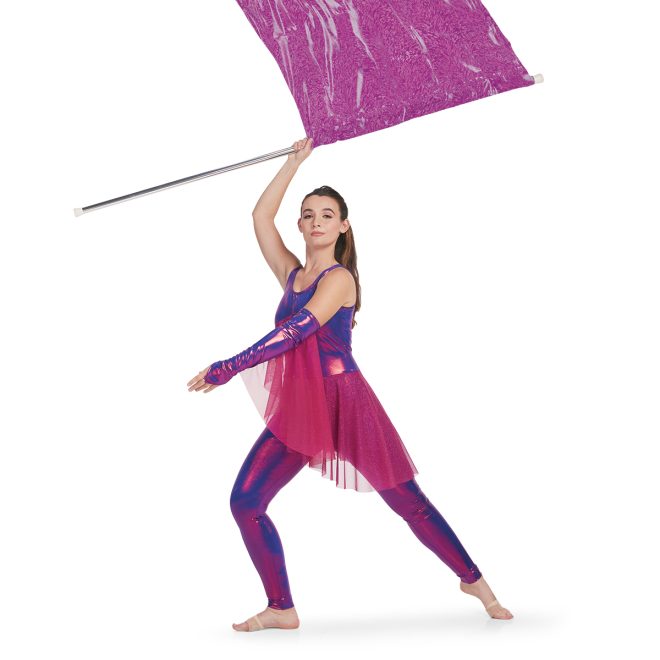 Custom sleeveless color guard unitard. Purple metallic with pink mesh skirt. Front view with matching gauntlet on left arm holding pink flag