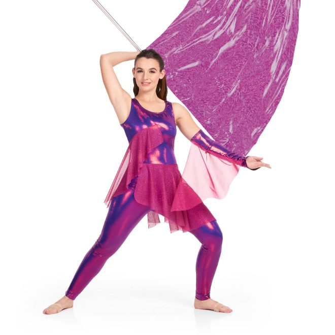 Custom sleeveless color guard unitard. Purple metallic with pink mesh skirt. Front view with matching gauntlet on left arm holding pink flag