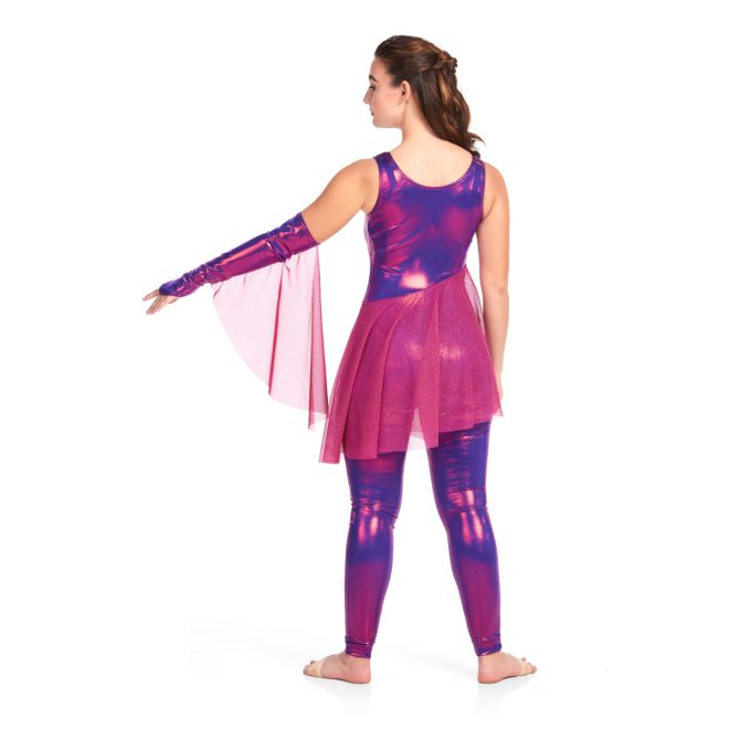 Custom sleeveless color guard unitard. Purple metallic with pink mesh skirt. Back view with matching gauntlet on left arm
