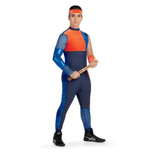 Custom percussion uniform. Orange, royal, and navy uniform with one long sleeve and one sleeveless front view